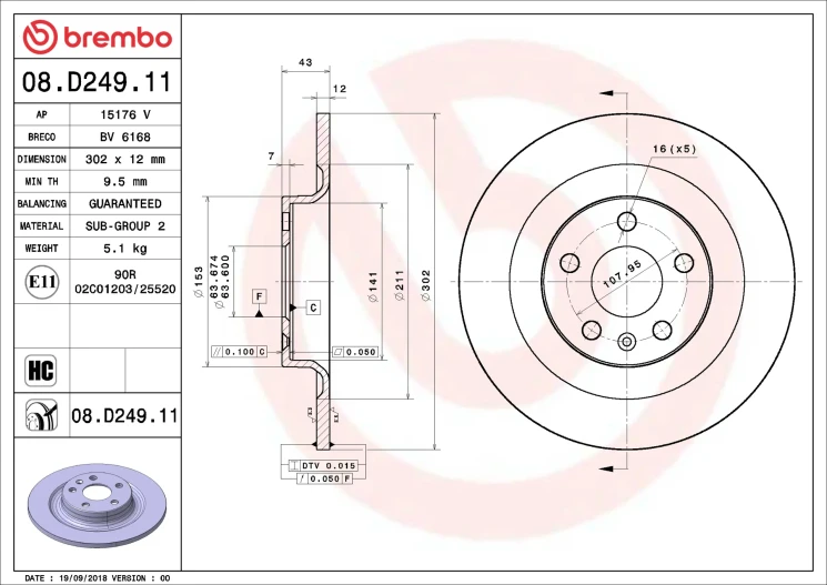 Диск тормозной задний XC60 II, S60 III, V60CC \\ 16 дюймов \\ BREMBO 08.D249.11