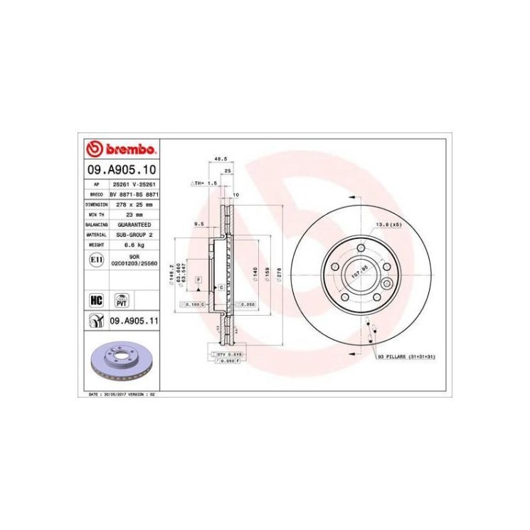 Тормозной диск передний VOLVO S40 II, V40 15'' \\ 278мм \\ BREMBO 09.A905.10