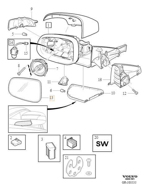 Зеркальный элемент левый Volvo S60 II, S80 II, XC70 II \\ c 2011 года \\ GParts VO30716479